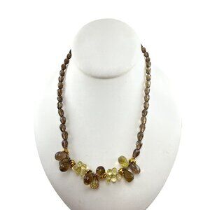 Smoky Quartz and Lemon Quartz Beaded Necklace Faceted Gemstone Teardrop Design